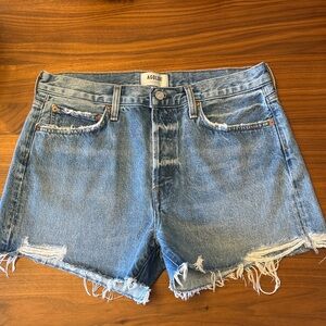 Agolde Parker Long Light Blue Frayed Hem Jean Shorts